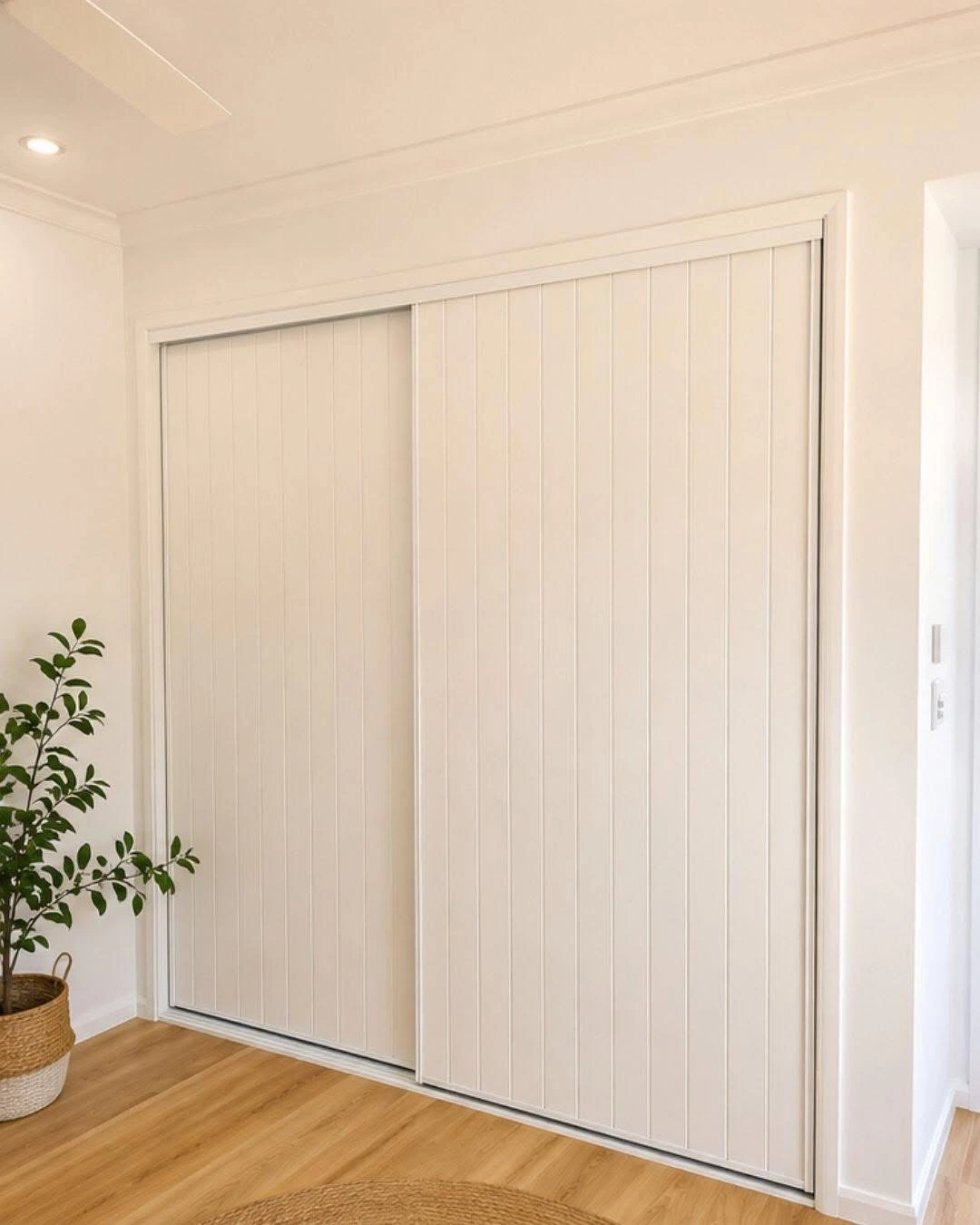 Styled bedroom with white vinyl sliding wardrobe doors — gallery wardrobe vinyl white styled